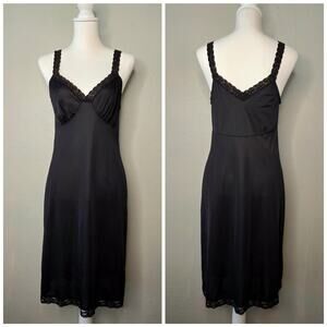 Vintage Black Nylon Lace Trim Slip Dress Size 34 Elegant Dark Fairy Grunge Goth